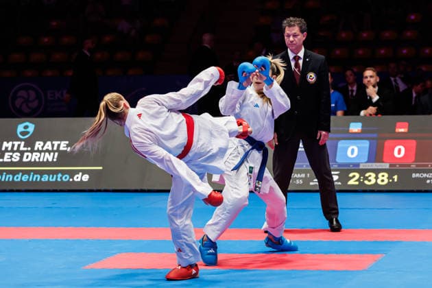 Mia Bitsch GER, red against Anzhelika Terliuga UKR, blue in Bronze Match Women Kumite 55, 23 05 2026, Frankfurt am Main Germany , 61 Karate European Championships 2026 Frankfurt Main xprx