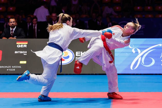Mia Bitsch GER, red against Anzhelika Terliuga UKR, blue in Bronze Match Women Kumite 55, 23 05 2026, Frankfurt am Main Germany , 61 Karate European Championships 2026 Frankfurt Main xprx
