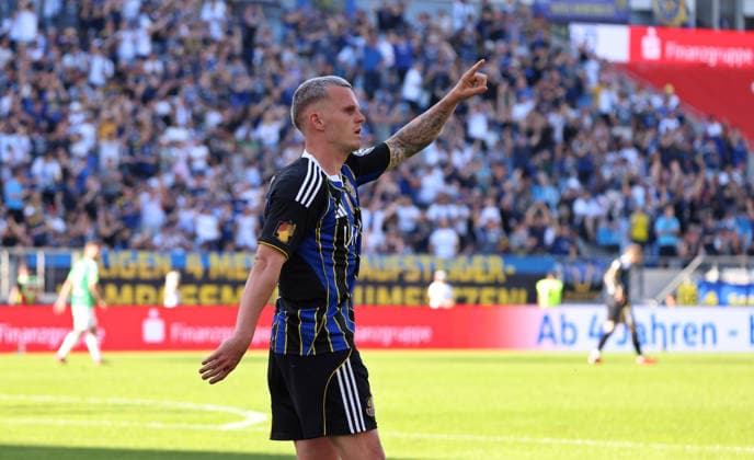 23 05 2026, Football, Men, Sparkassen Pokal Saarland Final, Season 2025 2026, 1 FC Saarbrücken FC 08 Homburg, Florian Pick 1 FC Saarbruecken celebrates his goal for 1 1 Saarbrücken Ludwigsparkstadion Saarland Germany DEU Copyright: xFabianxKleerx