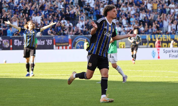 23 05 2026, Football, Men, Sparkassen Pokal Saarland Final, Season 2025 2026, 1 FC Saarbrücken FC 08 Homburg, Amine Naifi 1 FC Saarbruecken celebrates his goal for 2 1 Saarbrücken Ludwigsparkstadion Saarland Germany DEU Copyright: xFabianxKleerx