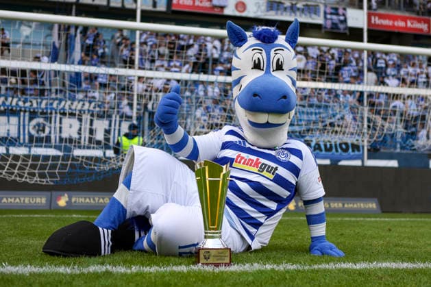 23 05 2026, GER, football, men, Niederrheinpokal final, season 2025 2026, SC St Tönis MSV Duisburg the mascot Ennatz shows the Niederrheinpokal Duisburg schauinsland reisen Arena Nordrhein Westfalen Germany Copyright: xAdrianxSchlüterx