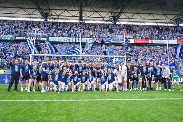 23 05 2026, xydrx, men, soccer, amateur final day, Niederrheinpokal final, SC St Tönis 11 20 MSV Duisburg, 2025 2026 season, Schauinsland Reisen Arena MSV Duisburg players celebrate victory in the Niederrhein Pokal final Copyright: HMBxMedia YannisxDreimann