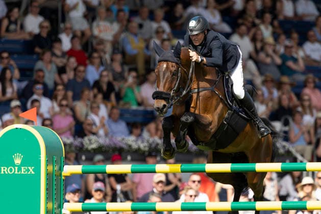 Andre THIEME GER on Paule S at the finish jump, action, in the jump-off, Jumping S5 2nd Qualifier Rolex Grand Prix, Jumping competition with one round and jump-off, CSI5, Rolex Grand Slam, on 23 05 2026, World Equestrian Festival, TSCHIO Aachen 2026 from 22 24 05 2026 in Aachen Germany Â