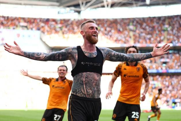 Oliver McBurnie of Hull City celebrates scoring to make it 1-0 Hull City v Middlesbrough, EFL Sky Bet Championship, Play-Off Final, Football, Wembley Stadium, London, UK - 23 May 2026London Wembley Stadium United Kingdom EDITORIAL USE ONLY No use with unauthorised audio, video, data, fixture lists, club league logos or live services. Online in-match use limited to 120 images, no video emulation. No use in betting, games or single club league player publications.  Copyright: xJamesxMarsh Shutterstockx 16887365jk
