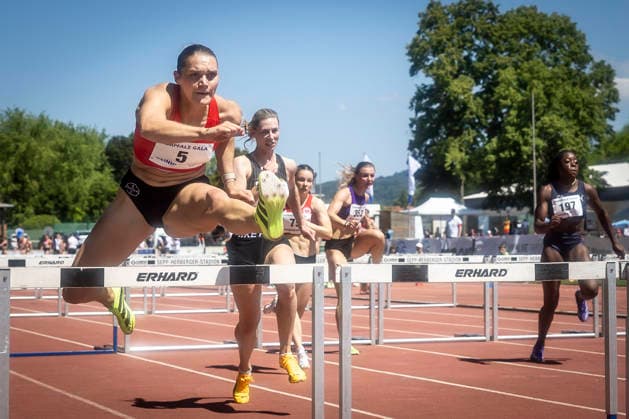 WEINHEIM, GERMANY - MAY 23 Franziska Schuster (GER TSV Bayer o4 Leverkusen) in the heats over 100m hurdles during the B&S Kurpfalz Gala am 23.05.2026 at the Sepp-Herberger-Stadium in Weinheim (Baden-Wuerttemberg Germany). Baden-Wuerttemberg Germany Copyright: xLeahxKohringx