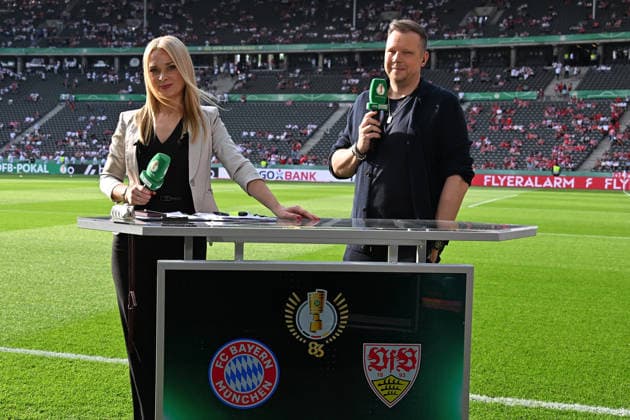 23 05 2026, xsltx, Football DFB Cup Final, FC Bayern Munich VfB Stuttgart v l Britta Hofmann and Wolff Christoph Fuss SKY DFL DFB REGULATIONS PROHIBIT ANY USE OF PHOTOGRAPHS as IMAGE SEQUENCES and or QUASI VIDEO Berlin
