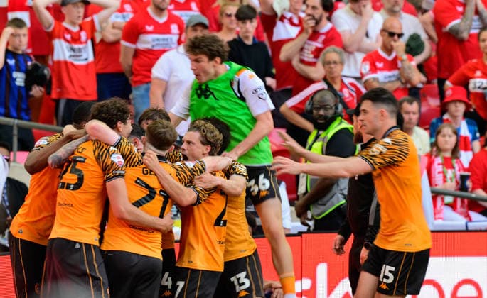 Hull City v Middlesbrough, London, UK - 23 May 2026 Goal celebrations for Oliver McBurnie of Hull City after scoring the opening goal during the Sky Bet Championship Playoff Final match between Hull City and Middlesbrough on 23 May 2026 at Wembley Stadium, London. - London Wembley Stadium London GBR Copyright: xAlanxStanford PPAUKx PPA-277046
