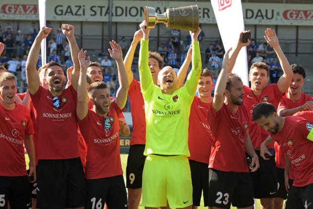 Man of the Match Maximilian Reule SG Sonnenhof Grossaspach, 01 in goal with the cup SV Stuttgarter Kickers vs SG Sonnenhof Grossaspach, Football, Men, DB Regio wfv Cup Final, Season 2025 2026, 23 05 2026 SV Stuttgarter Kickers vs SG Sonnenhof Grossaspach, Football, Men, DB Regio wfv Cup Final, Season 2025 2026, 23 05 2026 Stuttgart Copyright: xEibner-Pressefoto TobiasxBaurx EP_TBR