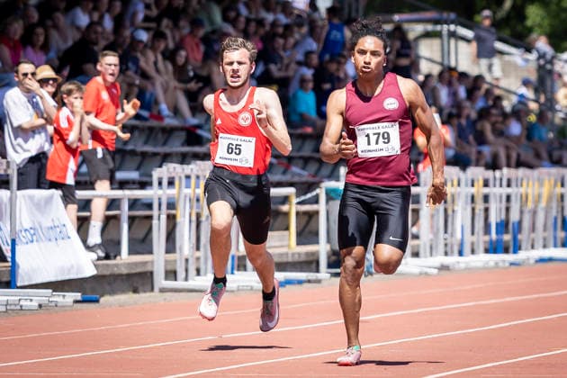 WEINHEIM, GERMANY - MAY 23 Til Olschok (GER Eintracht Frankfurt e.V.) and Diaz Lorenzo Plata (COL ASV Köln e. V.) in the 100m heats during the B&S Kurpfalz Gala am 23.05.2026 at the Sepp-Herberger-Stadium in Weinheim (Baden-Wuerttemberg Germany). Baden-Wuerttemberg Germany Copyright: xLeahxKohringx