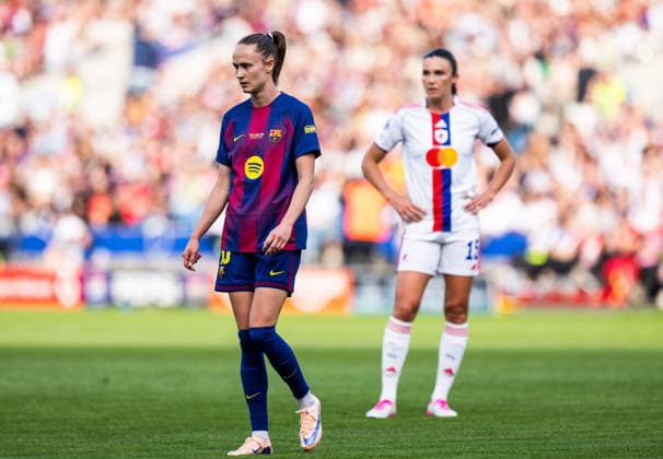 260523 Caroline Graham Hansen of Barcelona and Ingrid Engen of Lyon during the UEFA Women s Champions League final football match between Barcelona and Lyon on May 23, 2026 in Oslo Photo Vegard Grott BILDBYRAN kod VG VG0925 bbeng football fotball fotball soccer champions league finale final final 2026 mesterligaen dam fcb barcelona lyon ol lyonnes  Copyright: VEGARDxGRoTT BB260523VG038