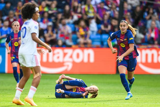 260523 Caroline Graham Hansen of Barcelona in pain during the UEFA Women s Champions League final football match between Barcelona and Lyon on May 23, 2026 in Oslo Photo Jon Olav Nesvold BILDBYRAN COP 217 VG0925 bbeng football fotball fotboll soccer champions league finale final final 2026 mesterligaen dam fcb barcelona lyon ol lyonnes  Copyright: JONxOLAVxNESVOLD BB260523JE027