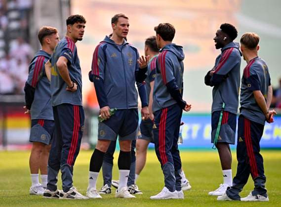 23 05 2026, Football DFB Cup 2025 2026, Final, FC Bayern Munich VfB Stuttgart, at the Olympiastadion Berlin f l Joshua Kimmich FC Bayern Munich , Aleksandar Pavlovic FC Bayern Munich , Goalkeeper Manuel Neuer FC Bayern Munich , Tom Bischof Bayern Munich , Alphonso Davies FC Bayern Munich and Lennart Karl FC Bayern Munich DFL and DFB regulations prohibit any use of photographs as image sequences and or quasi video