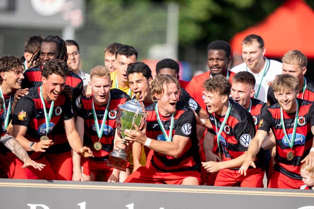 With the cup in hand The team of Viktoria Köln celebrates the victory, cup handover, award ceremony, jubilation after the final whistle, victory, winner, winners, cheers, cheering, joy, optimistic, action, action SC Fortuna Köln vs Viktoria Köln 23 05 2026 Football, Bitburger Cup Final 2026, GER, Sportpark Höhenberg, Cologne Copyright: HMBxMedia xMarcoxBader