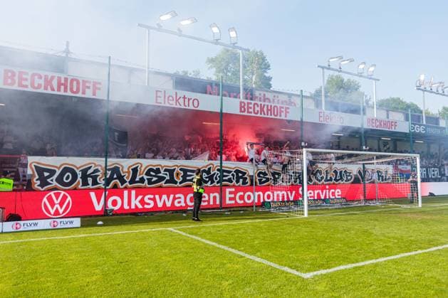 The SC Verl fan block cheers after the victory in the final of the Krombacher Westfalenpokal GER, SC Verl vs SF Lotte, Football, Westfalenpokal, Final, Season 2025 2026, 23 05 2026 DFL Regulations prohibit any use of photographers as image sequences and or quasi video GER, SC Verl vs SF Lotte, Football, Westfalenpokal, Final, Season 2025 2026, 23 05 2026 Verl Copyright: xEibner-Pressefoto JanxRollingerx EP_JSK