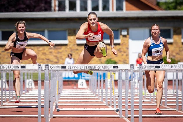 WEINHEIM, GERMANY - MAY 23 Franziska Schuster (GER TSV Bayer o4 Leverkusen) takes the win over 100m hurdles during the B&S Kurpfalz Gala am 23.05.2026 at the Sepp-Herberger-Stadium in Weinheim (Baden-Wuerttemberg Germany). Baden-Wuerttemberg Germany Copyright: xLeahxKohringx