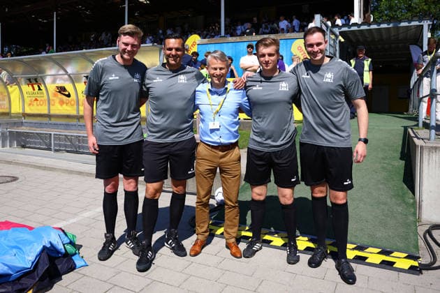 Christian Okun President, Hamburg Football Association with the Schiederichter team of Thomas Bauer, Timo Rehder, Mark Niklas Späth and Dominik Kopmann Football I Mens I Lotto Cup I 2025 2026 season I Final I SC Vorwärts Wacker04 Billstedt HEBC I 23 05 2026 I Hoheluft stadium