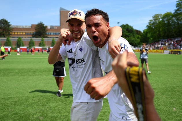 27 Lionel von Zitzewitz HEBC celebrates winning the Hamburg Lotto Cup with 8 Piet Oldag HEBC Football I Mens I Lotto Cup I 2025 2026 season I Final I SC Vorwärts Wacker04 Billstedt HEBC I 23 05 2026 I Hoheluft stadium