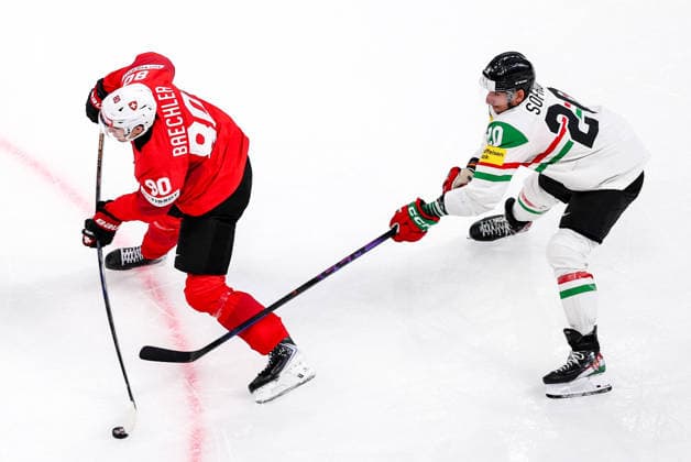 Ice hockey, Eishockey - IIHF WC 2026 ZURICH,SWITZERLAND,23.MAY.26 - ICE HOCKEY - IIHF Ice Hockey World Championship, WM, Weltmeisterschaft 2026, group stage, Switzerland vs Hungary. Image shows Nicolas Baechler (SUI) and Istvan Sofron (HUN).  GEPAxpictures xMaticxKlansek
