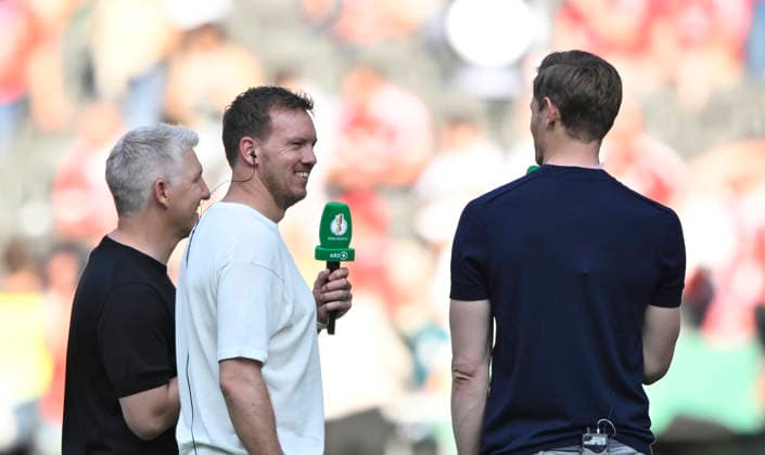 before the start of the match national coach coach Julian Nagelsmann GER and TV expert Bastian Schweinsteiger in interview microphone microphone logo DFB 83 DFB Pokalfinale FC Bayern Muenchen FCB vs VFB Stuttgart Olympiastadion Berlin 23 05 2026 DFL REGULATIONS PROHIBIT ANY USE OF PHOTOGRAPHS AS IMAGE SEQUENCES AND OR QUASI VIDEO 83 DFB Pokalfinale FC Bayern Muenchen FCB vs VFB Stuttgart