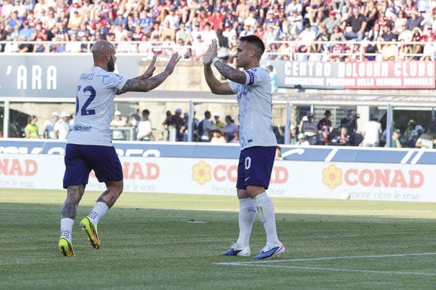 IPA85002876 - Federico Dimarco of Inter FC celebrates after scoring during Bologna FC vs FC Inter, 38th Serie A Enilive 2025-26 game at Renato dall Ara stadium in Bologna (BO), Italy, on May 23, 2026.  Copyright: xDavidexCasentini IPAxSportx xx 85002876
