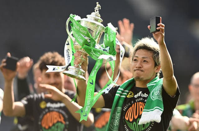 Glasgow, Scotland, 23rd May 2026. Daizen Maeda of Celtic with the Scottish Cup during the Celtic vs Dunfermline Athletic Scottish Cup match at Hampden Park, Glasgow. Picture credit should read: Neil Hanna Sportimage EDITORIAL USE ONLY. No use with unauthorised audio, video, data, fixture lists, club league logos or live services. Online in-match use limited to 120 images, no video emulation. No use in betting, games or single club league player publications. SPI_062_NH_Celtic_Dunfermline SPI-4816-0062