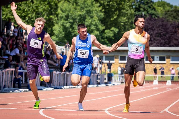WEINHEIM, GERMANY - MAY 23 Jakob Kemminer (GER LAC Quelle Fürth), Deniz Almas (GER TV Wattenscheid 01) and Joshua Hartmann (GER ASV Köln e. V.) in the 100m heats during the B&S Kurpfalz Gala am 23.05.2026 at the Sepp-Herberger-Stadium in Weinheim (Baden-Wuerttemberg Germany). Baden-Wuerttemberg Germany Copyright: xLeahxKohringx