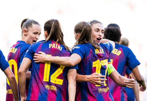 260523 Ewa Pajor of Barcelona celebrates with Caroline Graham Hansen, Patri Guijarro and Alexia Putellas after scoring 1 0 during the UEFA Women s Champions League final football match between Barcelona and Lyon on May 23, 2026 in Oslo Photo Vegard Grott BILDBYRAN kod VG VG0925 bbeng football fotball soccer champions league finale final final 2026 mesterligaen dam fcb barcelona lyon ol lyonnes jubel  Copyright: VEGARDxGRoTT BB260523VG045