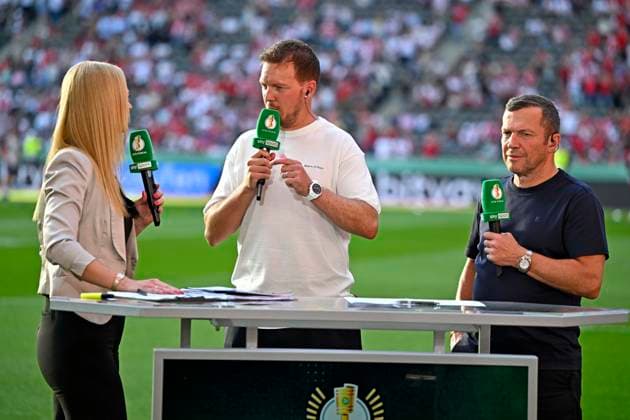 23 05 2026, Football DFB Cup 2025 2026, Final, FC Bayern Munich VfB Stuttgart, at the Olympiastadion Berlin f l Britta Hoffmann Germany , Coach Julian Nagelsmann Germany and TV Expert Lothar Matthäus Germany DFL and DFB regulations prohibit any use of photographs as image sequences and or quasi video