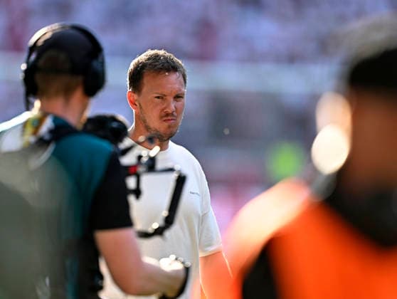 23 05 2026, Football DFB Pokal 2025 2026, Final, FC Bayern Munich VfB Stuttgart, at the Olympiastadion Berlin Coach Julian Nagelsmann Germany during an interview DFL and DFB regulations prohibit any use of photographs as image sequences and or quasi video
