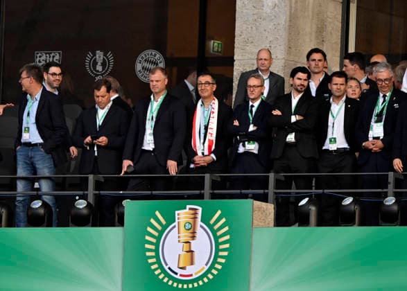 before the start of the match on the grandstand Cem Oezdemir The Greens State Premier of Baden Wuerttemberg Chairman of the Board Alexander Wehrle VfB Stuttgart right Director of Sport Fabian Wohlgemuth VfB Stuttgart left President Dietmar Allgaier VfB Stuttgart Serdar Tasci 83 DFB Cup Final FC Bayern Muenchen FCB vs VFB Stuttgart Olympiastadion Berlin 23 05 2026 DFL REGULATIONS PROHIBIT ANY USE OF PHOTOGRAPHS AS IMAGE SEQUENCES AND OR QUASI VIDEO 83 DFB Cup Final FC Bayern Muenchen FCB vs VFB Stuttgart
