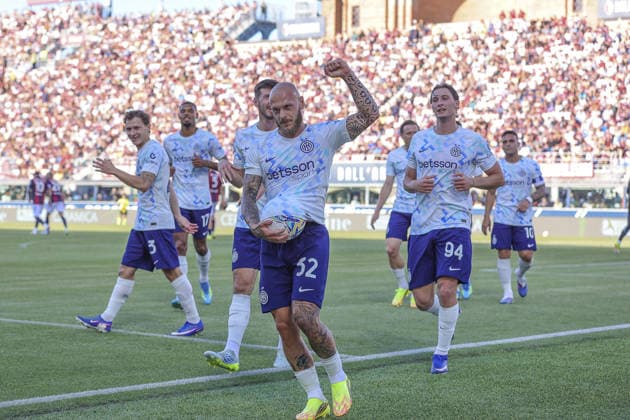 FOOTBALL - Serie A - Bologna FC vs Inter Milan - FC Internazionale Photo by IPA ABACAPRESS.COM85002896 - Federico Dimarco of Inter FC celebrates after scoring during Bologna FC vs FC Inter, 38th Serie A Enilive 2025-26 game at Renato dall Ara stadium in Bologna (BO), Italy, on May 23, 2026. Bologna Italy  Copyright: xIPAxSport ABACAx