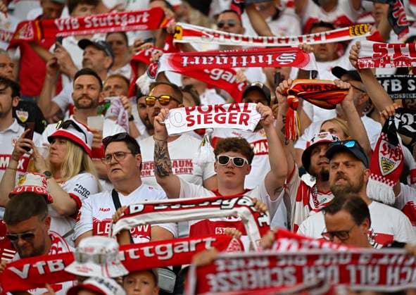 23 05 2026, Football DFB Pokal 2025 2026, Final, FC Bayern Munich VfB Stuttgart, in the Olympiastadion Berlin The Stuttgart Fans full of anticipation Cup Winner DFL and DFB regulations prohibit any use of photographs as image sequences and or quasi video