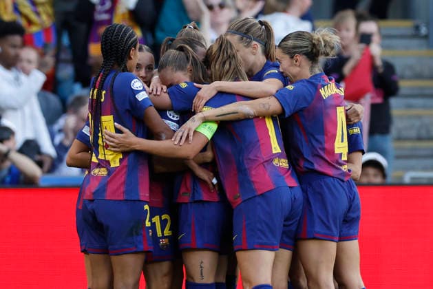Barcelona players celebrate team s first goal during the Champions League final between FC Barcelona, Barca and Olympique Lyonnais at the Ullevaal Stadium in Oslo, Norway, 23 May 2026. FC Barcelona vs Olympique de Lyon !ACHTUNG: NUR REDAKTIONELLE NUTZUNG!  Copyright: xAlbertoxEstévezx GRAF9953 20260523-55020381840_1