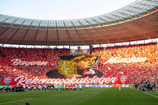 Choreography of Bayern fans xettx, Germany, Berlin, 23 05 2026, Football, DFB Pokal FC Bayern Muenchen vs VfB Stuttgart, Season 2025 2026, Final, Olympiastadion DFL DFB REGULATIONS PROHIBIT ANY USE OF PHOTOGRAPHS AS IMAGE SEQUENCES AND OR QUASI VIDEO