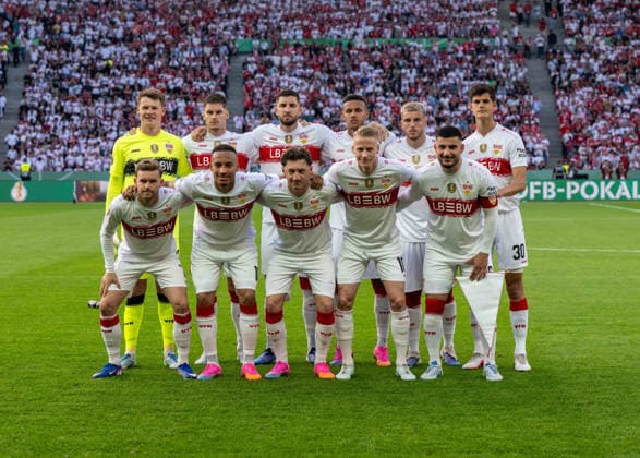 Soccer, Men, Season 2025 2026, 83 DFB Cup Final, FC Bayern Munich VfB Stuttgart, back f l Goalkeeper Alexander Nübel Stuttgart , Ramon Hendriks Stuttgart , Jeff Chabot Stuttgart , Luca Jaquez Stuttgart , Ermedin Demirovic Stuttgart , Chema Andres Stuttgart , front f l Maximilian Mittelstädt Stuttgart , Jamie Leweling Stuttgart , Angelo Stiller Stuttgart , Chris Führich Stuttgart , Deniz Undav Stuttgart , 23 05 2026, Copyright: xMatthiasxKochx