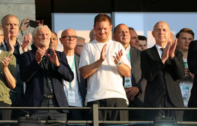 Rudi Völler, national coach Julian Nagelsmann, Bernd Neuendorf in the stands Sport Football Soccer Final DFB Cup 2026 Season 2025 2026 23 05 2026 FC Bayern Munich FCB vs VfB Stuttgart