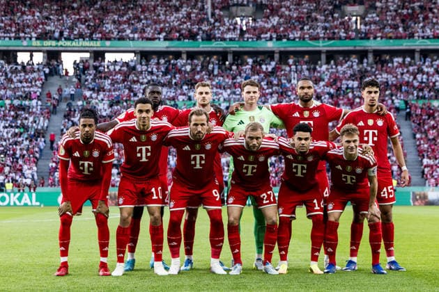 BERLIN, GERMANY - MAY 23: Starting eleven of FC Bayern Muenchen during the DFB Pokal Final match between FC Bayern Muenchen vs. VfB Stuttgart at Olympic Stadium on May 23, 2026 in Berlin, Germany. DFB REGULATIONS PROHIBIT ANY USE OF PHOTOGRAPHS AS IMAGE SEQUENCES AND OR QUASI-VIDEO. Back row: Dayot Upamecano (FC Bayern Muenchen, 2), Josip Stanisic (FC Bayern Muenchen, 44), Jonas Urbig (FC Bayern Muenchen, 40), Jonathan Tah (FC Bayern Muenchen, 4), Aleksandar Pavlovic (FC Bayern Muenchen, 45) Front row: Michael Olise (FC Bayern Muenchen, 17), Jamal Musiala (FC Bayern Muenchen, 10), Harry Kane (FC Bayern Muenchen, 9), Konrad Laimer (FC Bayern Muenchen, 27), Luis Diaz (FC Bayern Muenchen, 14), Joshua Kimmich (FC Bayern Muenchen, 6) Berlin Germany Copyright: xSteffiexWunderlx