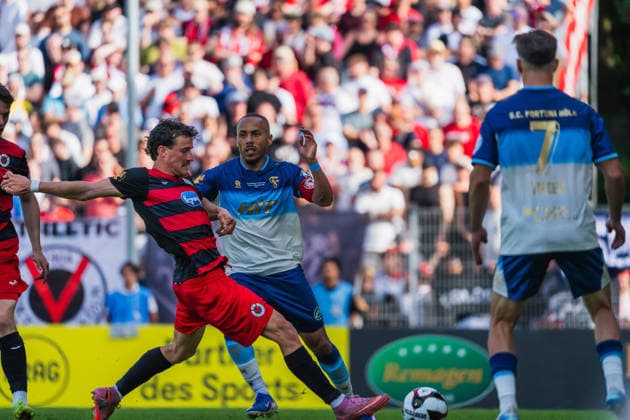 Leonhard Muenst Viktoria Köln, 05 in duel with Robin Afamefuna Fortuna Koeln, 22 Fortuna Köln vs FC Viktoria Köln, Football, Landespokal Mittelrhein 2025 26, Final, Season 2025 26, 23 05 2026, Fortuna Köln vs FC Viktoria Köln, Football, Landespokal Mittelrhein, Final, Season 2025 26, 23 05 2026 Köln Copyright: xEibner-Pressefoto LukasxBaldygax EP_LBA
