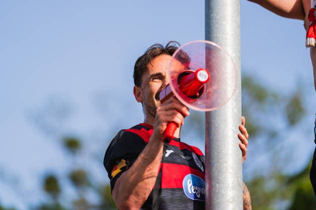 Simon Handle Viktoria Köln, 07 at the megaphone on the fence Fortuna Köln vs FC Viktoria Köln, Football, Landespokal Mittelrhein 2025 26, Final, Season 2025 26, 23 05 2026, Fortuna Köln vs FC Viktoria Köln, Football, Landespokal Mittelrhein, Final, Season 2025 26, 23 05 2026 Köln Copyright: xEibner-Pressefoto LukasxBaldygax EP_LBA