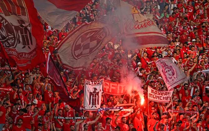 23 05 2026, Football DFB Cup 2025 2026, Final, FC Bayern Munich VfB Stuttgart, at the Olympiastadion Berlin The Bayern fans cheer DFL and DFB regulations prohibit any use of photographs as image sequences and or quasi video