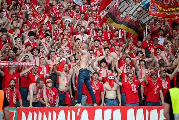 23 05 2026, Football DFB Cup 2025 2026, Final, FC Bayern Munich VfB Stuttgart, at the Olympiastadion Berlin The Bayern fans cheer DFL and DFB regulations prohibit any use of photographs as image sequences and or quasi video