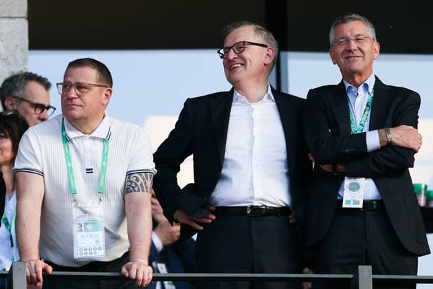 DFB Cup Final FC Bayern Munich VfB Stuttgart on 23 May 2026 at the Olympic Stadium in Berlin l r Max Eberl, Sports Director Bayern Munich, Chairman of the Board of FC Bayern Munich Jan Christian Dreesen and Herbert Hainer, President of FC Bayern in the stands MH