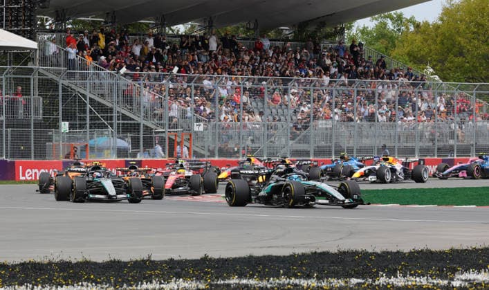 23 05 2026, Circuit Gilles Villeneuve, Montreal, FORMULA 1 LENOVO GRAND PRIX DU CANADA 2026 , pictured at the start of the race , George Russell GBR , Mercedes AMG Petronas Formula One Team, Andrea Kimi Antonelli ITA , Lando Norris GBR , McLaren Mastercard F1 Team, Lewis Hamilton GBR , Scuderia Ferrari HP, Charles Leclerc MCO , Oscar Piastri AUS Photo by Mark Urquhart Hasan Bratic DeFodi Images