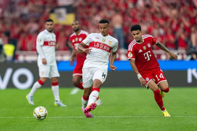 Luca Jaquez VfB Stuttgart, 14 Pass, Luis Diaz FC Bayern Muenchen, 14 , GER, FC Bayern Muenchen vs VfB Stuttgart, Football, Men, DFB Pokal, Final, Season 2025 2026, 23 05 2026 DFL REGULATES PROHIBIT ANY USE OF PHOTOGRAPHS AS IMAGE SEQUENCES AND OR QUASI VIDEO GER, FC Bayern Muenchen vs VfB Stuttgart, Football, Men, DFB Pokal, Final, Season 2025 2026, 23 05 2026 Berlin Copyright: xEibner-Pressefoto MaxxVincenx EP_MVN