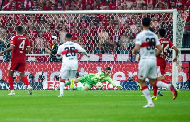 Soccer, Men, Season 2025 2026, 83 DFB Cup Final, FC Bayern Munich VfB Stuttgart, save by goalkeeper Jonas Urbig Bayern Munich , 23 05 2026, Copyright: xMatthiasxKochx