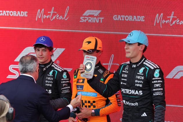 23 05 2026, Circuit Gilles Villeneuve, Montreal, FORMULA 1 LENOVO GRAND PRIX DU CANADA 2026 , in the picture winner George Russell GBR , Mercedes AMG Petronas Formula One Team, 2nd place for Lando Norris GBR , McLaren Mastercard F1 Team, 3rd place for Andrea Kimi Antonelli ITA Photo by Mark Urquhart Hasan Bratic DeFodi Images