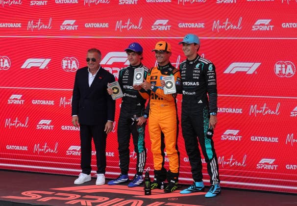 23 05 2026, Circuit Gilles Villeneuve, Montreal, FORMULA 1 LENOVO GRAND PRIX DU CANADA 2026 , in the picture winner George Russell GBR , Mercedes AMG Petronas Formula One Team, 2nd place for Lando Norris GBR , McLaren Mastercard F1 Team, 3rd place for Andrea Kimi Antonelli ITA , Jean Alesi Photo by Mark Urquhart Hasan Bratic DeFodi Images