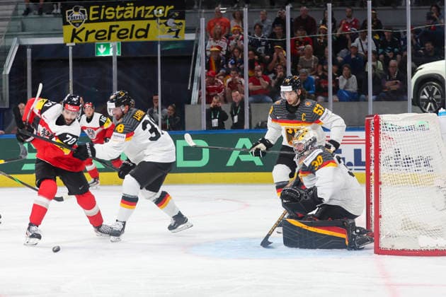 Ice hockey, Eishockey - IIHF WC 2026 ZURICH,SWITZERLAND,23.MAY.26 - ICE HOCKEY - IIHF Ice Hockey World Championship, WM, Weltmeisterschaft 2026, group stage, Austria vs Germany. Image shows Benjamin Nissner (AUT), Fabio Wagner, Philipp Grubauer and Moritz Seider (GER)  GEPAxpictures xMaticxKlansek