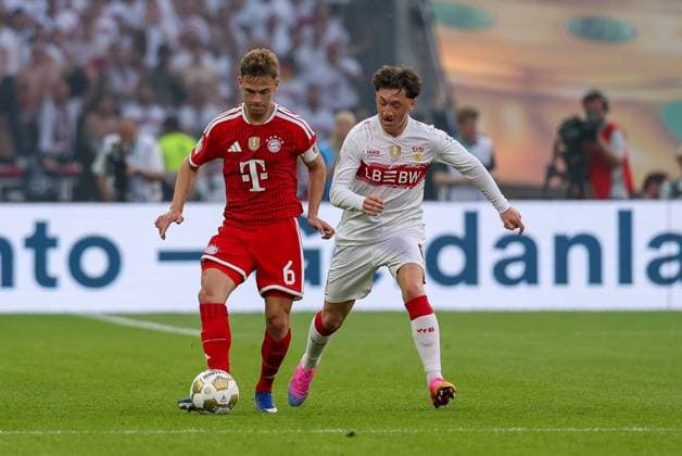 in duel, action, with Joshua Kimmich 6 FC Bayern Muenchen , Angelo Stiller 6 VfB Stuttgart s, FC Bayern Muenchen vs VfB Stuttgart, Football, 83 DFB Pokalfinale, 23 05 2026 DFL DFB regulations prohibit any use of photographs as image sequences and or quasi video Berlin Berlin Germany Copyright: xkolbert-press ChristianxKolbertx