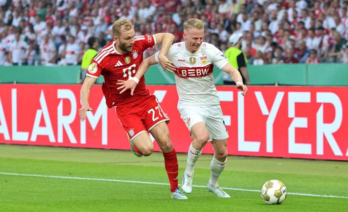 Konrad Laimer, Chris Führich on the ball duel Match scene Action Sport Football Soccer Final DFB Cup 2026 Season 2025 2026 23 05 2026 FC Bayern Munich FCB vs VfB Stuttgart